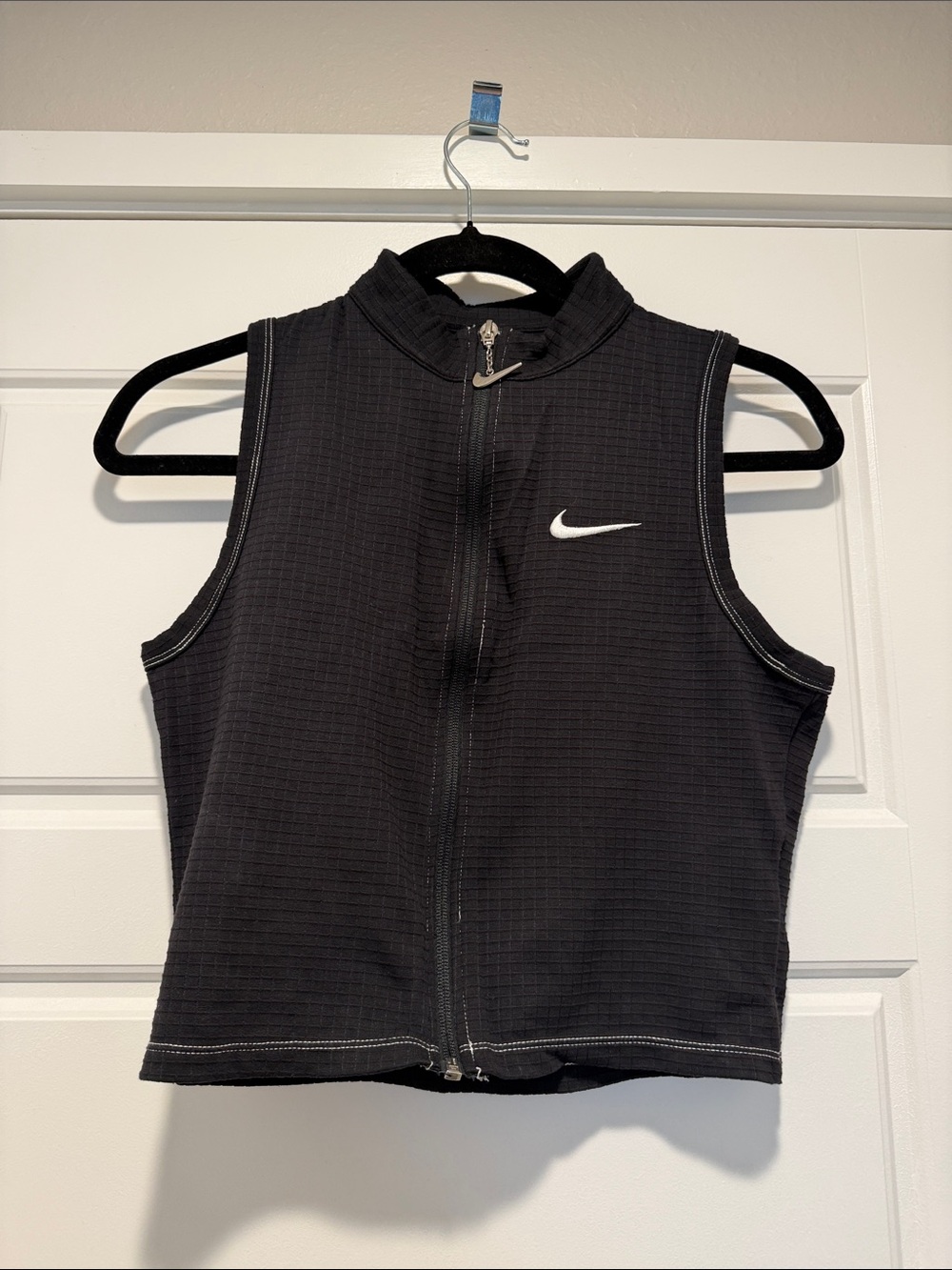 Nike Black Sleeveless Zip Crop Top with White Swoosh